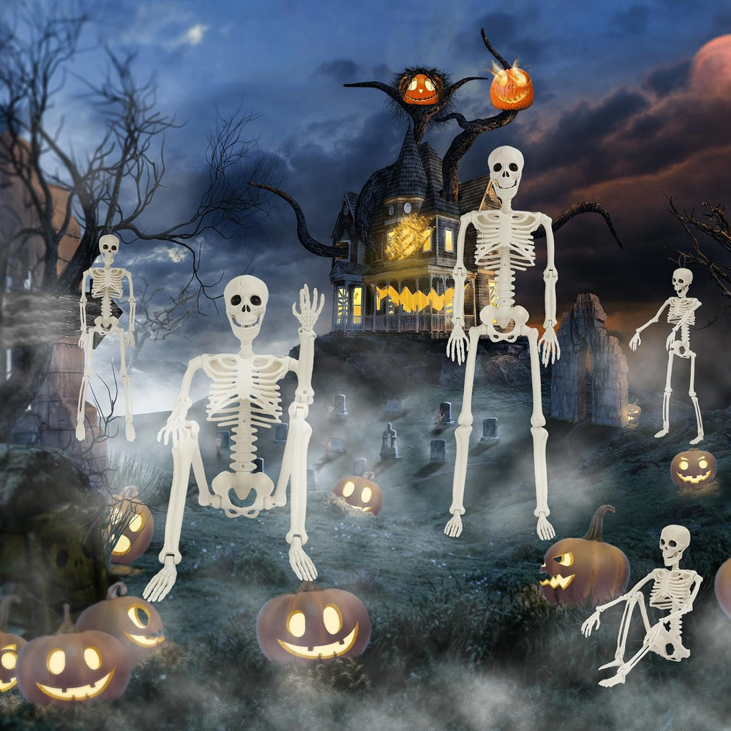 Halloween Skeleton Decorations, 2 Pack 36" Full Body Joints Posable Skeleton with 3 Pack 16" Hanging Skeleton, Creepy - Set of 2