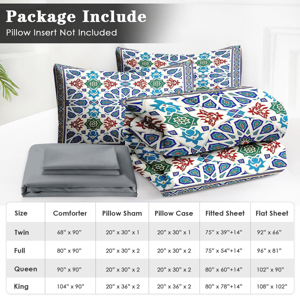 7 Pcs Queen Size Comforter Set, Moroccan Mandala Bedding