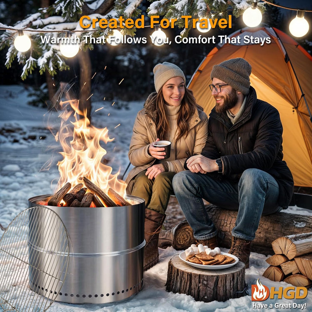 20 Inch Smokeless Firepit with Grill, Portable Wood Burning Fire Pit for Camping & Backyard