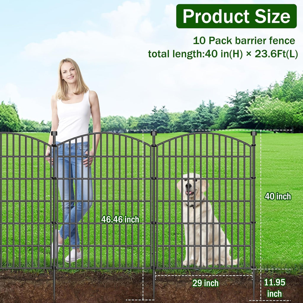 10 Panels No Dig Decorative Garden Fence with Gate - 40 in (H) x 23.6 ft (L), Dog Fence Outdoor for Yard, Rustproof