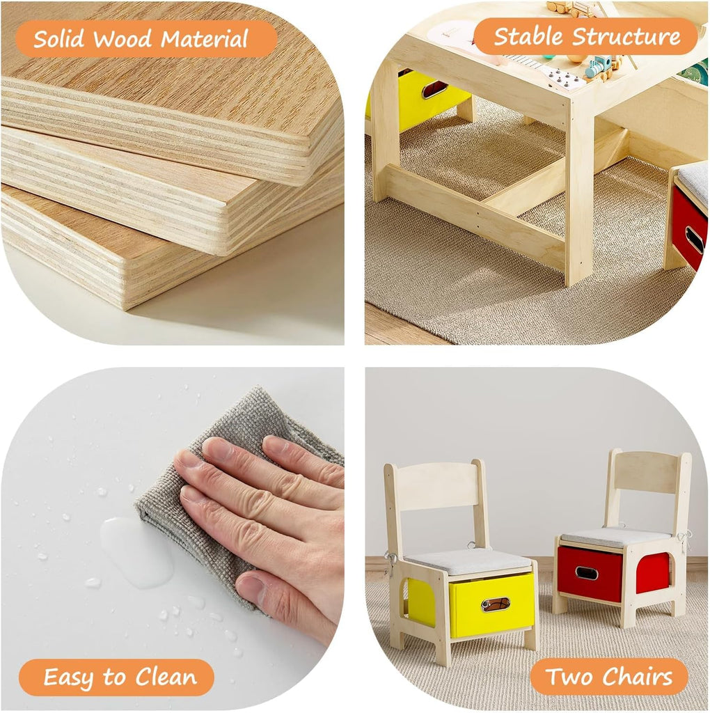 Kids Table and 2 Chairs Set, Wooden Toddler Activity Table with Adjustable Drawing Tabletop, Safety Hinges, Storage
