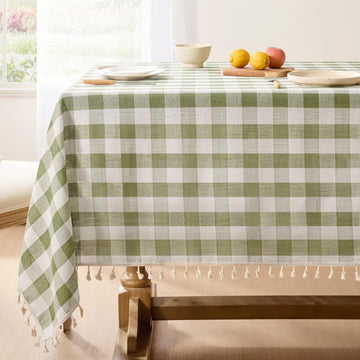Outdoor Checkered Tablecloth, Linen Cotton Gingham Table Cloths for 6 Foot Rectangle Tables with Tas