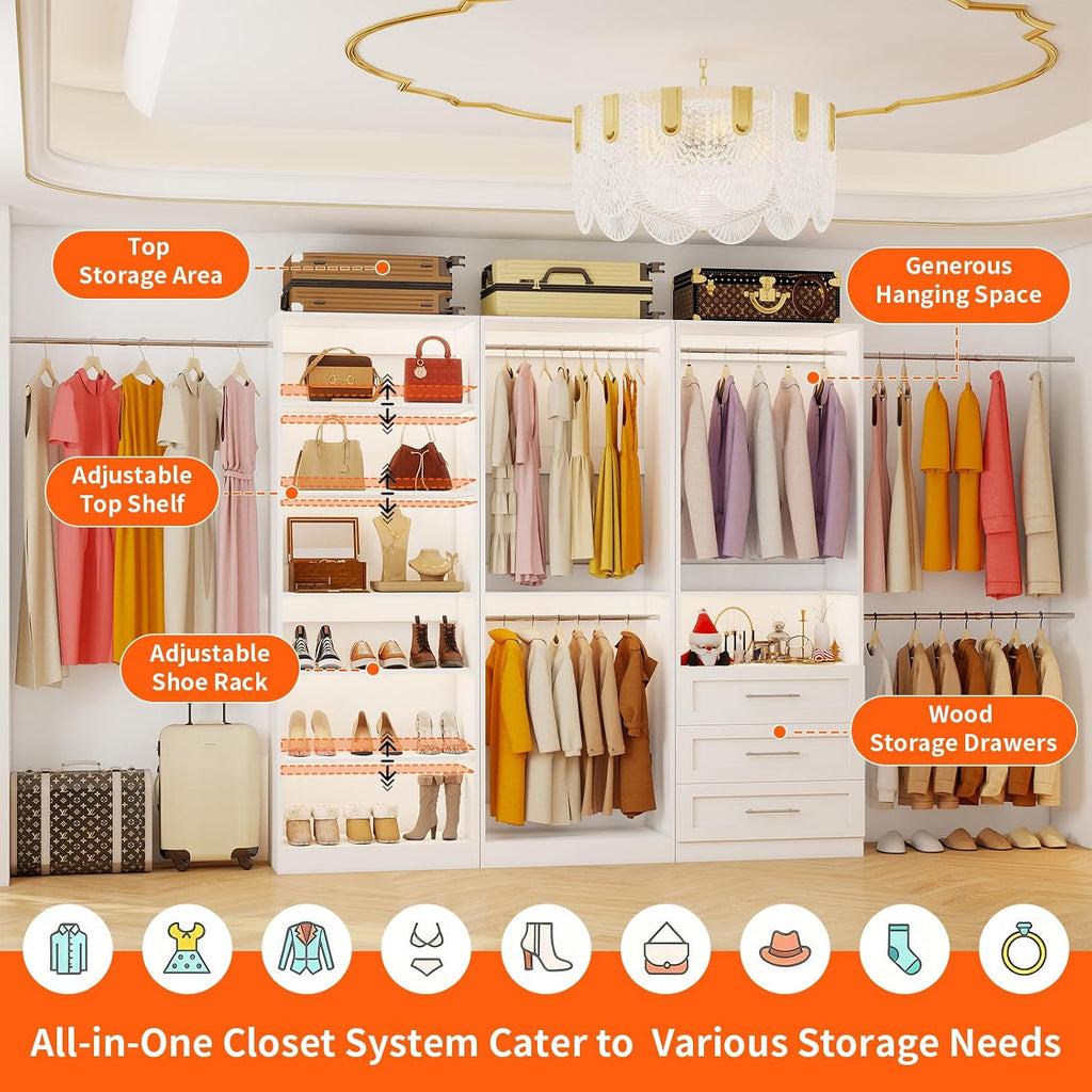 Closet System of 3 Sets, 6-15FT Closet Organizer System Wood with 3 Drawers & 7 Shelves, Walk in Closet Organizer