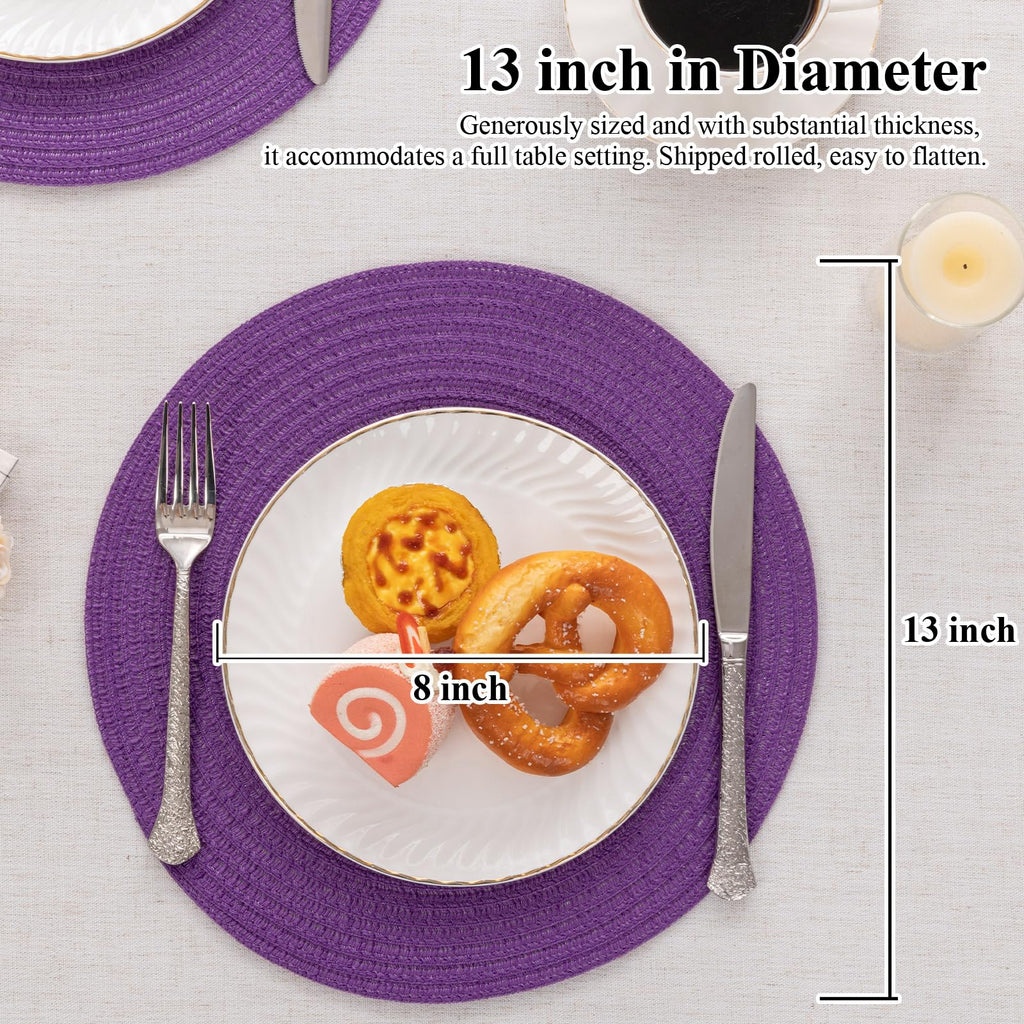 13" Round Braided Placemats Set of 4, Purple Place Mats
