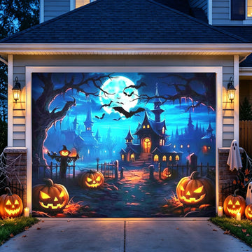 Halloween Garage Door Banner Pumpkin Hanging Backdrop Horror Moon Night Door Cover Halloween Wall Decorations Scary
