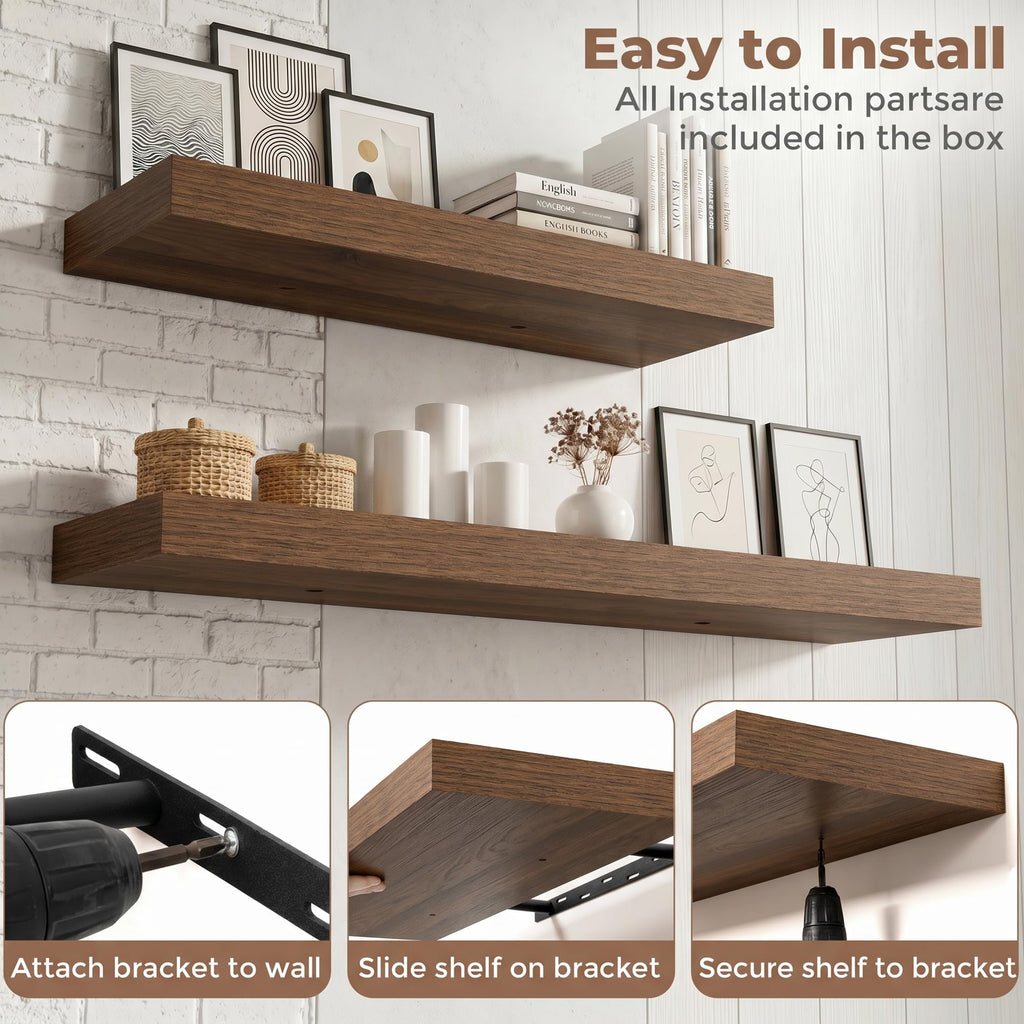 20 Inch Floating Shelves for Wall, 8"D Wood Storage Shelves, Walnut Finish