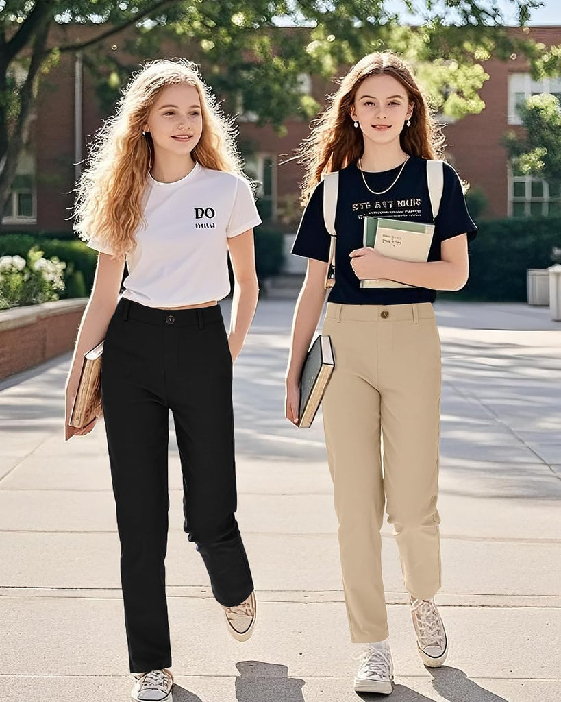 Girls Uniform Pants Kids Dress Pants High Stretchy with Pockets