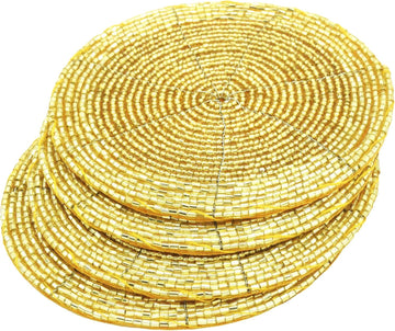 Indian Handmade Top Table Accessories Gold Shimmering 4" Round Beaded Coasters Suitable for Cold Drinks Mugs Cups - Set of 4
