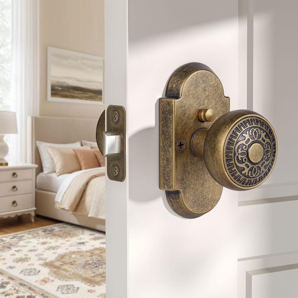 Antique Brass Door Knobs, Privacy Door Knobs Interior with Push-Button
