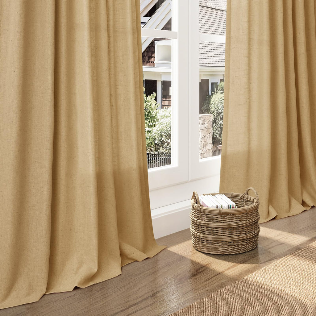 Gold Yellow Linen Curtains 108 Inches Long 2 Panels Set Extra Long Back Tab Curtain Semi Sheer Light Filtering Gold