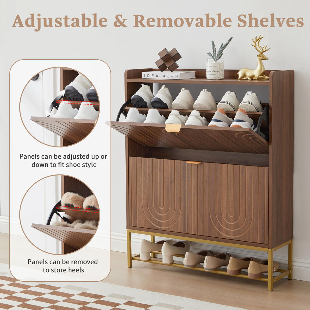 Narrow Shoe Storage Cabinet with 2 Flip Drawers, Wooden Freestanding Hidden Shoes Rack Organizer, Mid-Century Modern