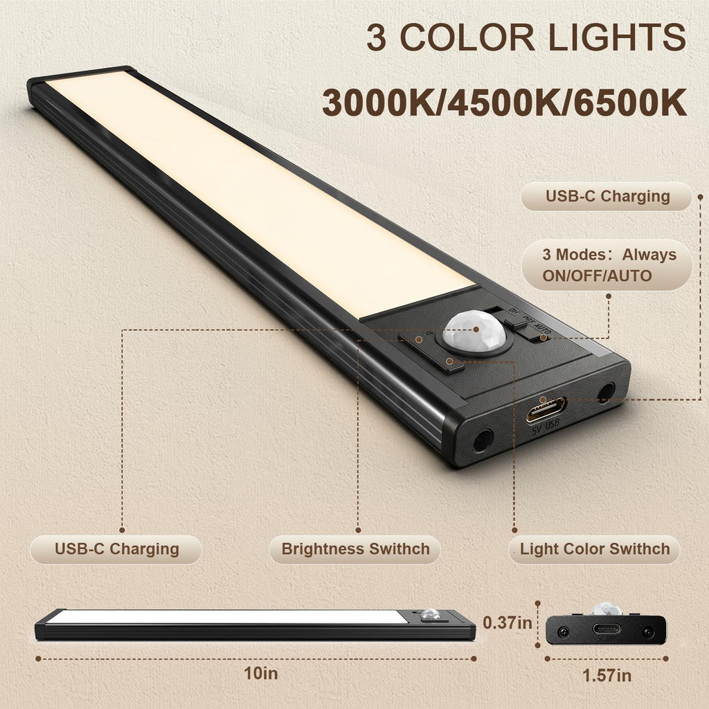 4Pack Under Cabinet Lighting Rechargeable -10" Ultra-Thin Black 3 Color Temps Super Bright, Motion Sensor, Long