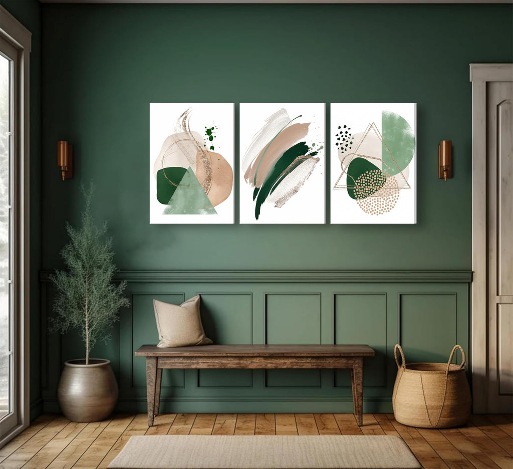 3Pcs Framed Sage Green Minimalist Geometric Abstract Wall Art