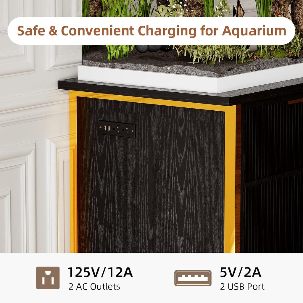 55 Gallon Fish Tank Stand with Power Outlets, Black and Gold Aquarium Stand