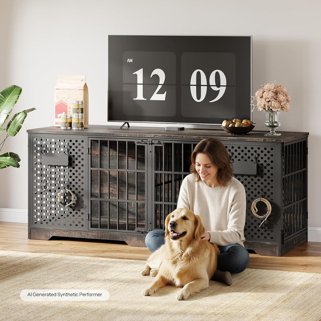 Dog Crate Furniture for 2 Large Dogs, Heavy Duty Indoor Kennel with Removable Divider & Name Tags, TV Stand Cage