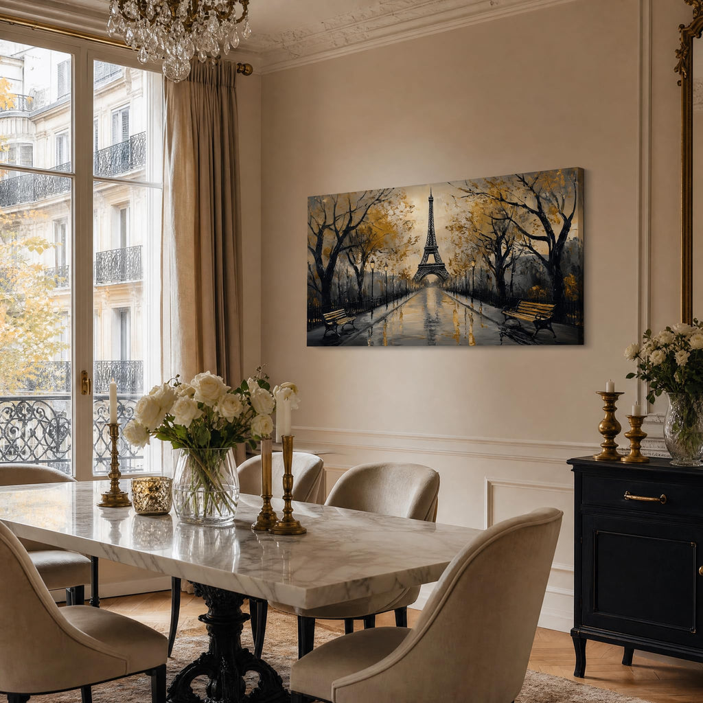 Romantic Paris Eiffel Tower Canvas Wall Black and Gold Cityscape Painting Print Gallery Wrapped Vintage City Artwork