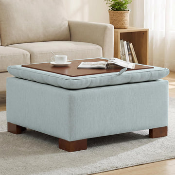 30 Inch Square Storage Ottoman Coffee Table, Modern Tufted Upholstered Ottoman with Flip Tray and Solid Wood Legs