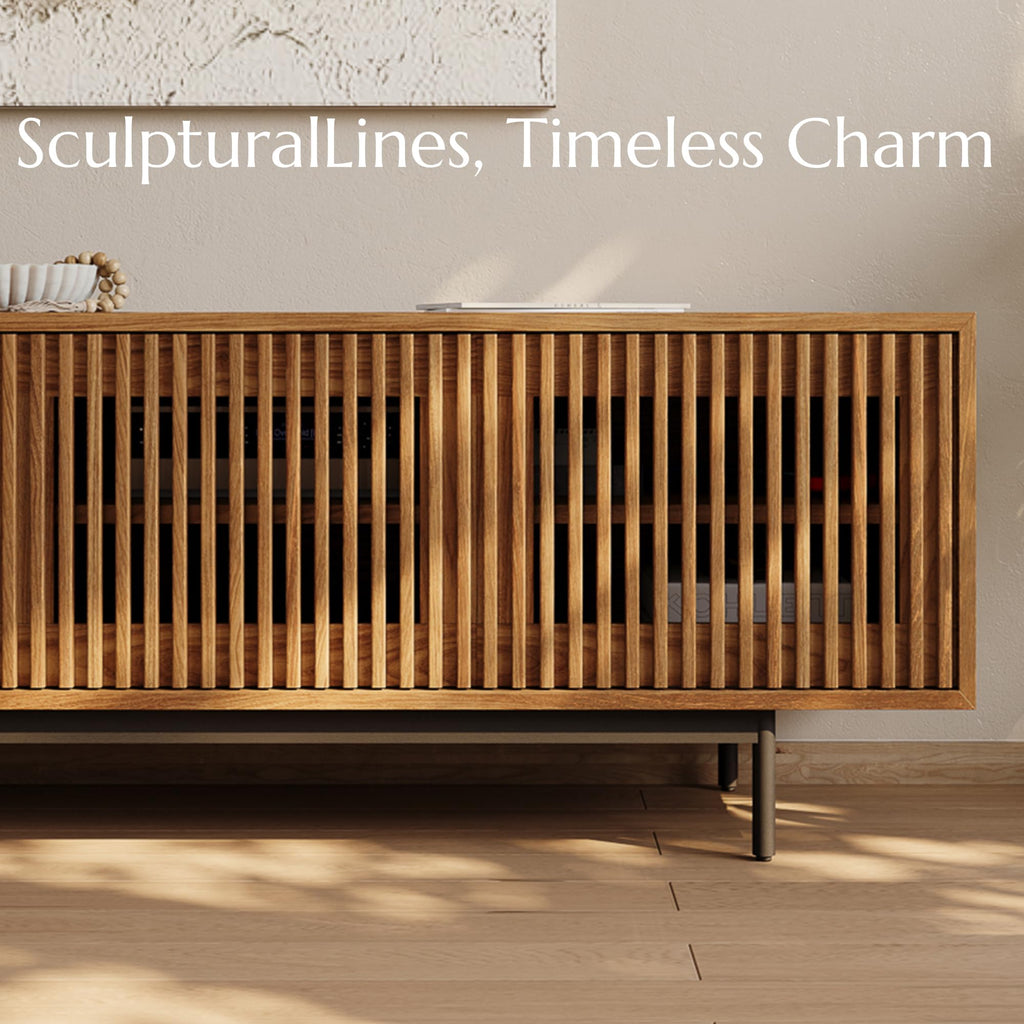 Mid-Century Modern TV Stand with Slatted Doors, Fully Assembled 94.49" Wood Media Console, TV Console with Tall-cast