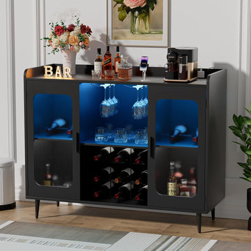 Coffee Bar Cabinet with Power Outlets and LED Light, Black | Liquor Cabinet with Wine Rack & Glass Holder, Bar Cart
