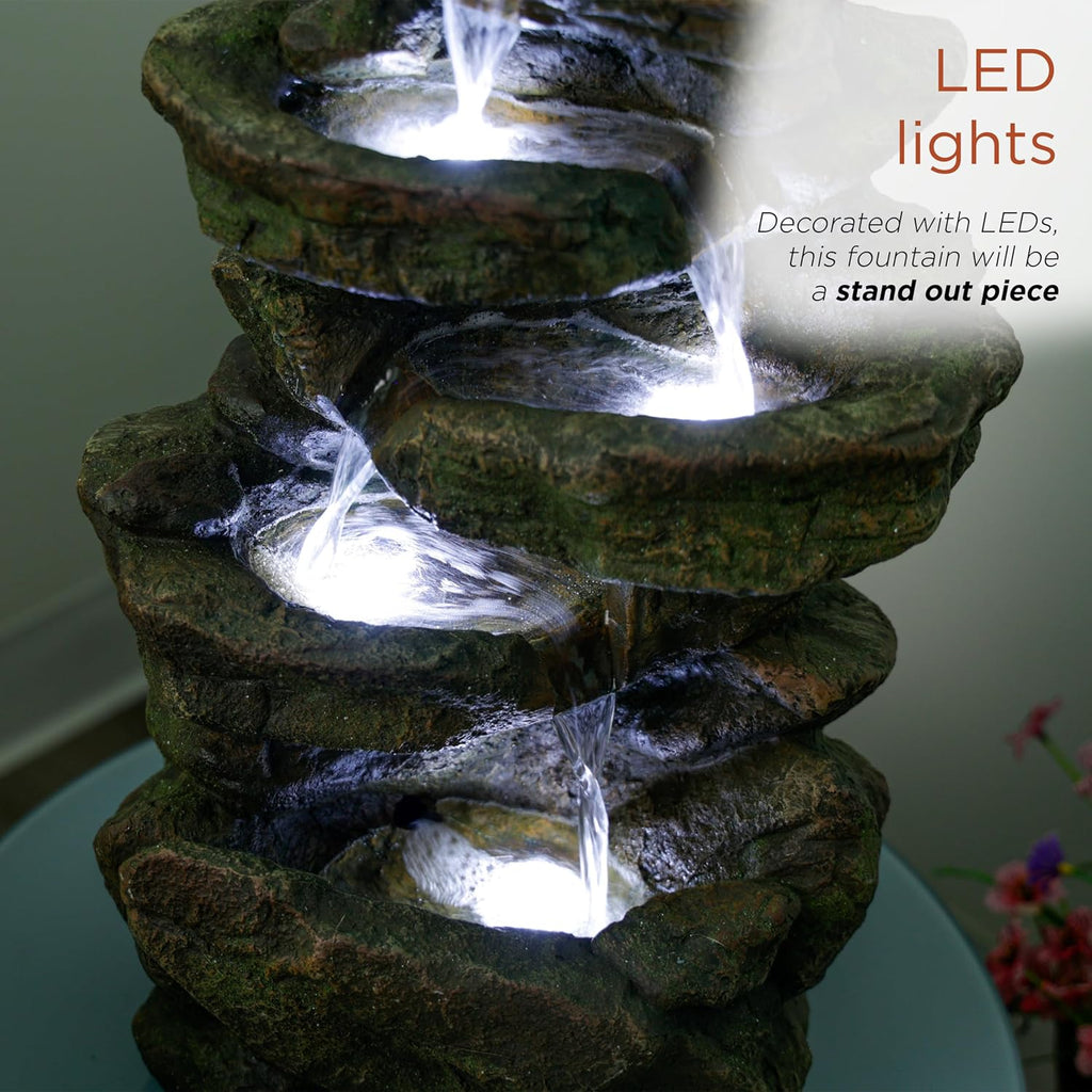 20" H Outdoor Multi-Level Rock Floor Fountain with LED Lights, Brown