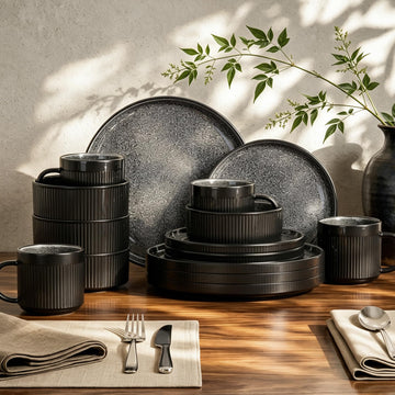 Fluted Ceramic Dinnerware Sets for 4, 16Pcs Stoneware Plates and Bowls Sets Non Toxic, Black Dishes Set, Oven &