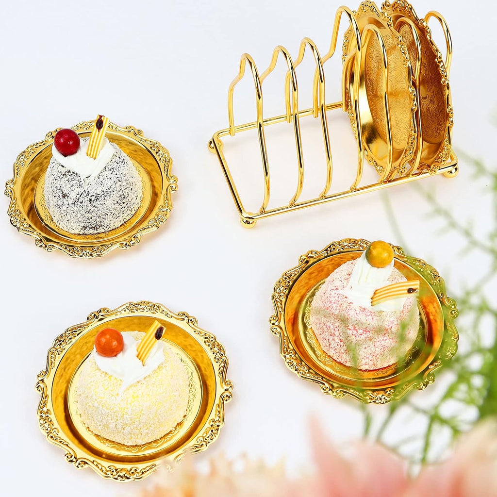 Round Decorative Drink Coasters, Gold Coaster Set with Holder Stand - Set of 6