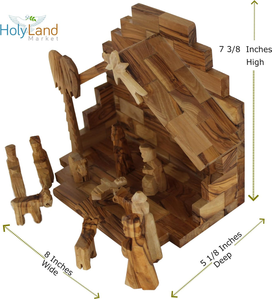 Land Market Olive Wood Nativity Scene - Inspirational Indoor Nativity Set with Plain Roof Stable, 12 Hand-Carved