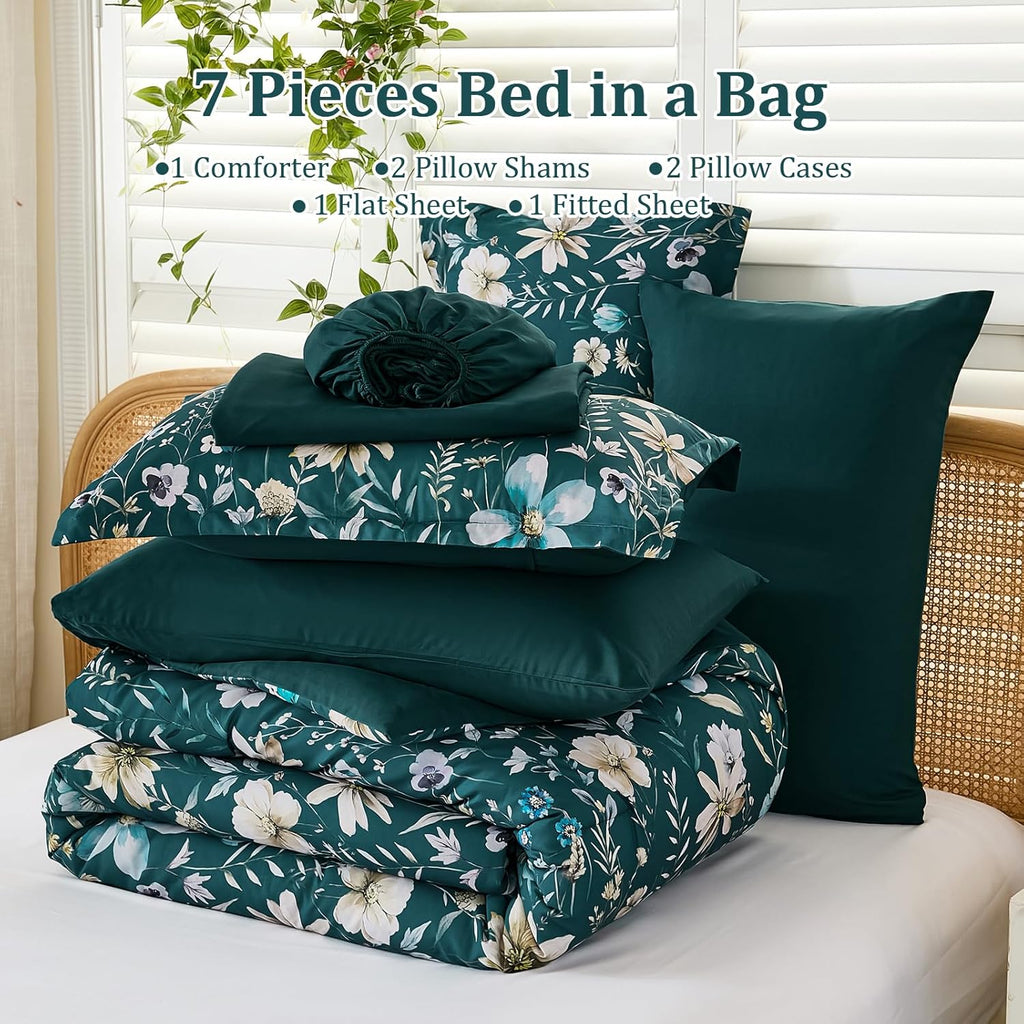 Luxudecor Queen Floral Comforter Set 7 Pieces,Teal Floral Comforter with Sheet Set,Flowers Leaves Pattern Bed in a