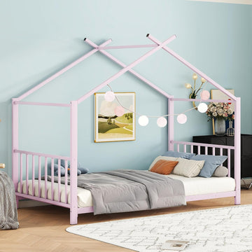 Kids Montessori Floor Bed, House Bed Frame with High Headboard, Floor Bed with Roof for Boys Girls, Floor Bed