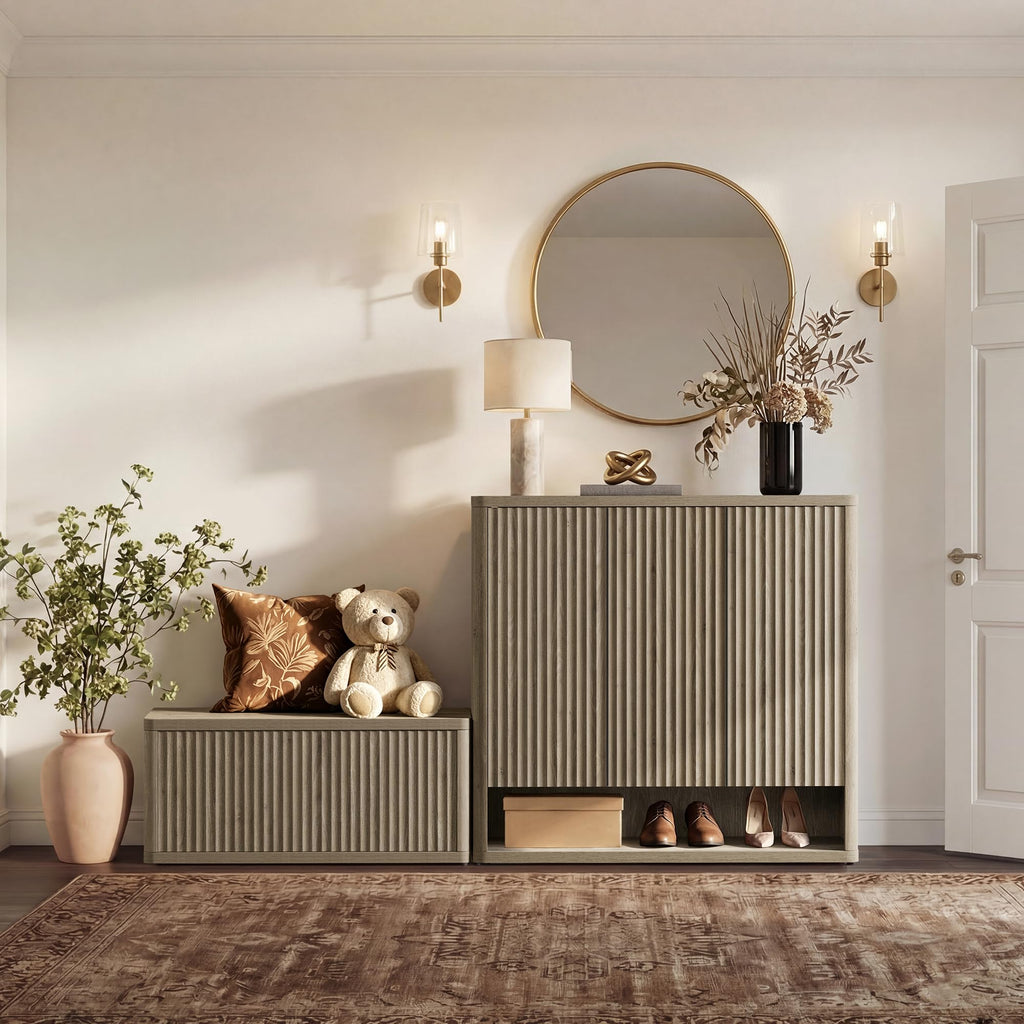 Shoe Cabinet 47.2" Wide Freestanding Fluted Shoe Storage Cabinet with 3 Doors & 4 Adjustable Shelves Large Modern