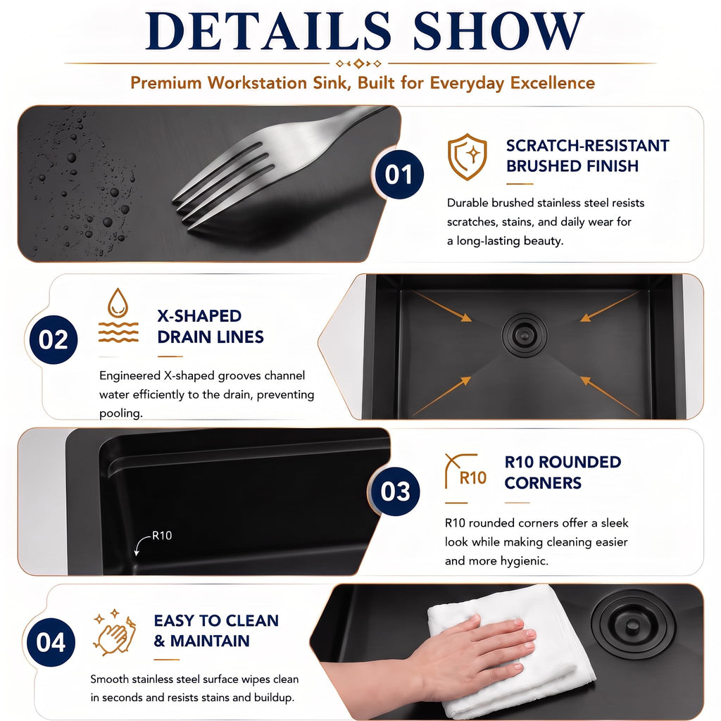 Black Undermount, 32 Inch Undermount Kitchen Workstation Sink with X-Shaped Drain Line, 10 Inch Deep Single Bowl