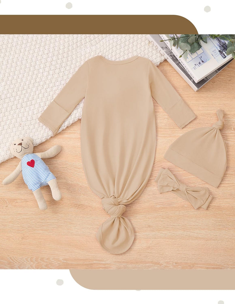 Newborn Knotted Gown, Soft Breathable Baby Sleep Gown with Hat & Headband