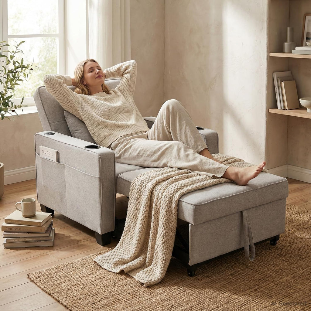 Convertible Sleeper Chair for Adults, Single Pull Out Couch Bed, Grey | , 3-in-1, USB/Type-C Ports, Cup Holders, Side