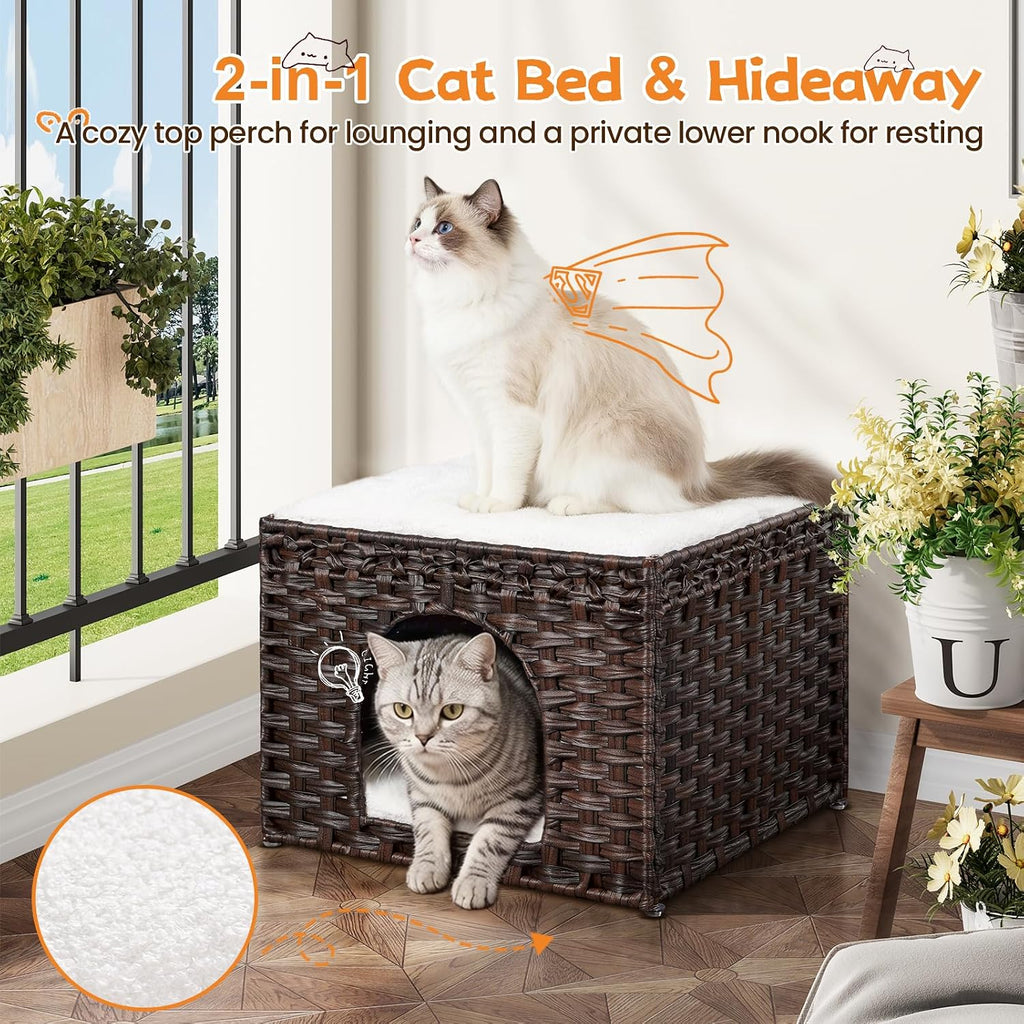 Handwoven Rattan Cat House - Indoor Foldable Cat Bed Cave with 2 Removable Bed Mats, Large Kitten House, Hideaway Pet