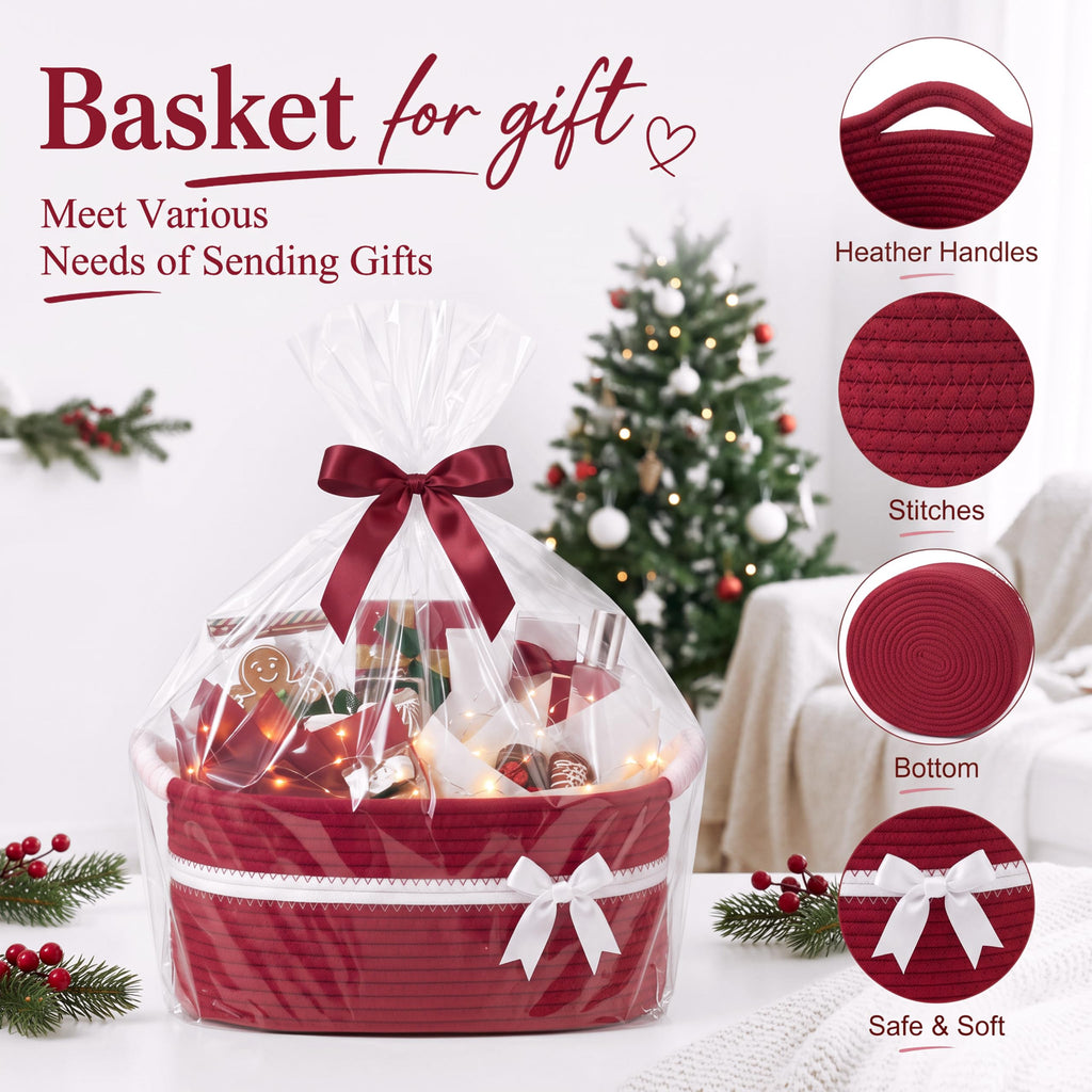 Christmas Empty Gift Basket with Handles, Red, White