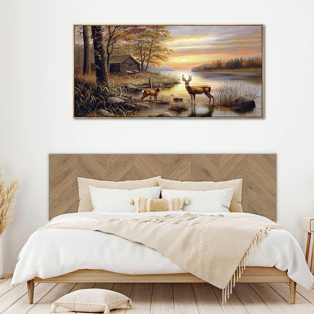 Deer Pictures Wall Decor - Autumn Rustic Forest Cabin Painting Prints Wildlife Pictures Animal Elk Poster Canvas Wall