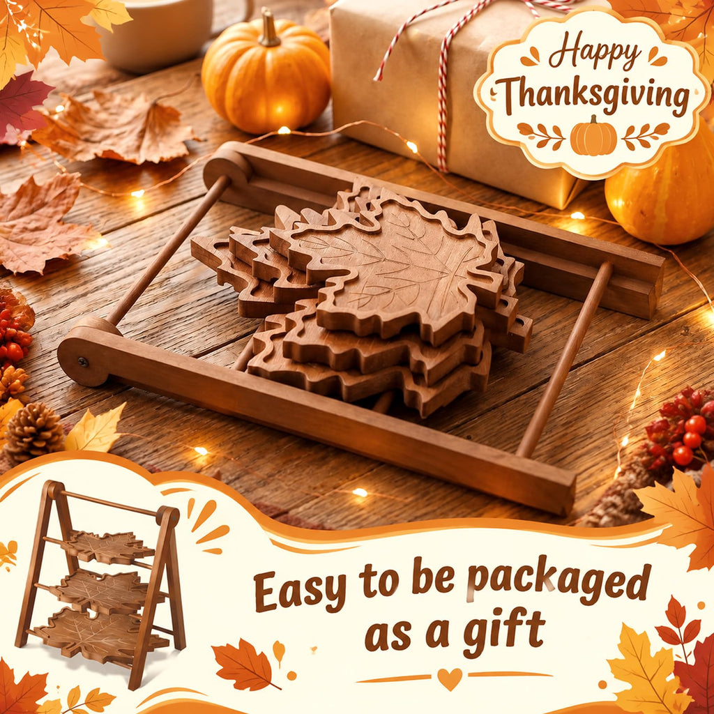3 Tier Maple Leaf Serving Tray with 16" Collapsible Ladder Stand
