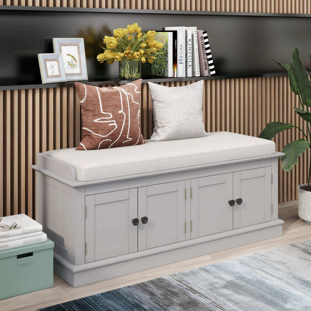 Upholstered Storage Bench with 4 Doors and Removable Cushion, Wooden Shoe Bench with Adjustable Shelves, Grey