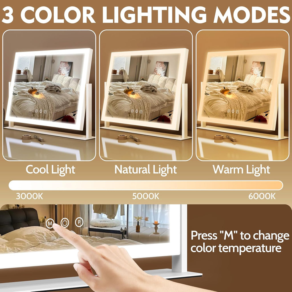 Lighted Makeup Mirror 16.3"x12.6", Hollywood Vanity Mirror with 10X Magnifier, 3 Color LED Lighting Modes, Smart Touch