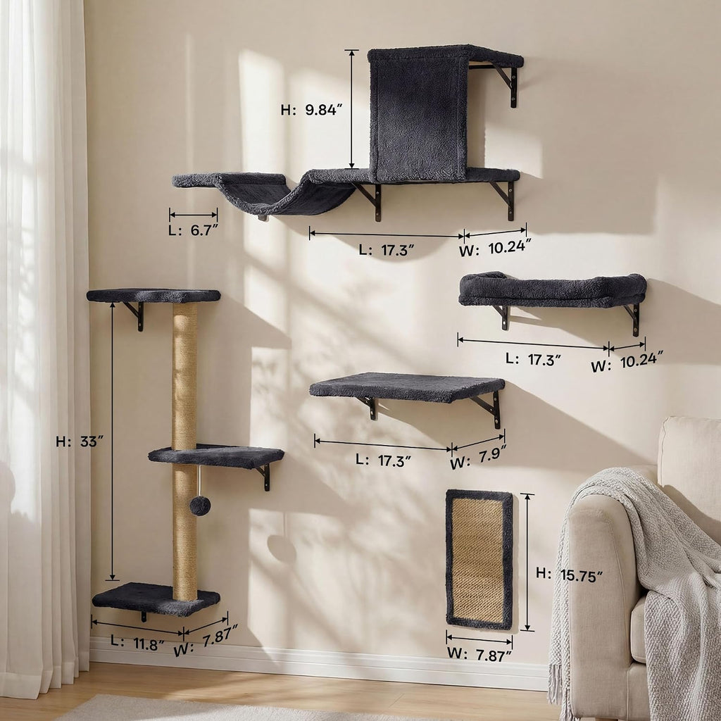Cat Wall Shelves, 5-in-1 Cat Wall Furniture Set, Grey