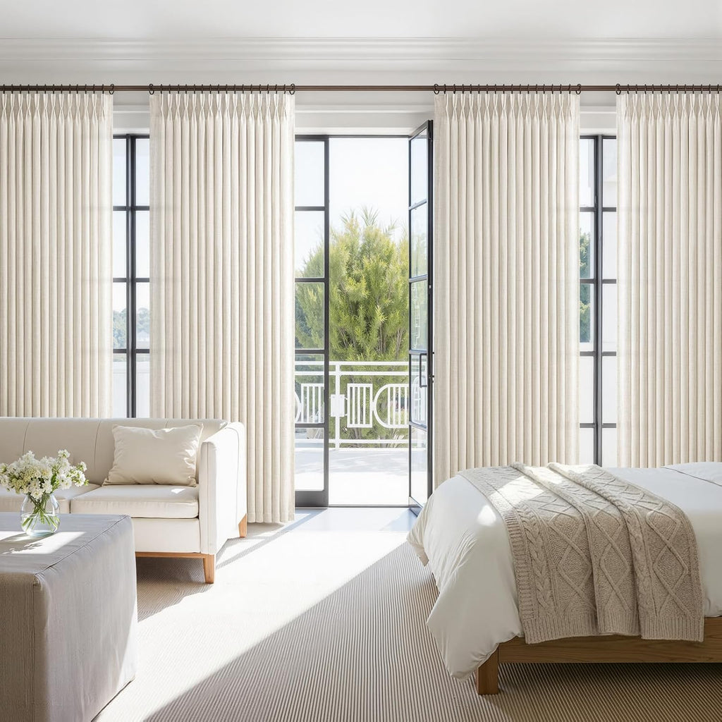 Pinch Pleated Linen 50 Inch Wide Curtains 96 Inches Long, Memory Trained Pleat Boho Semi Sheer Birch Light Filtering