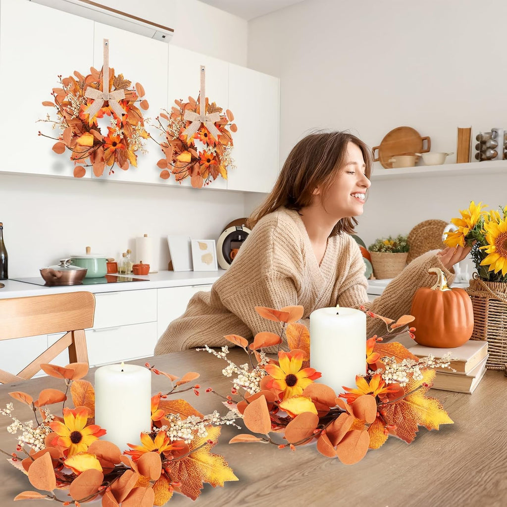 Fall Mini Wreath Set, Artificial Autumn Small Wreaths with Burlap Bow Sunflower Maple Leaf Eucalyptus - Set of 6