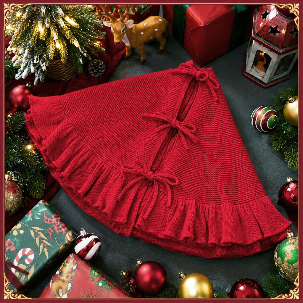 Red Knit Christmas Tree Skirt with Ruffle, 60 Inch