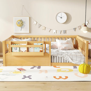 Floor Bed with Fence and Bookshelf, Solid Wood Montessori Floor Bed Frame with Storage Shelves, Low Profile