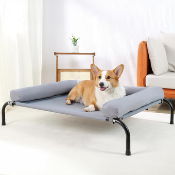 Cooling Elevated Dog Bed with Pillows, Portable Washable Raised Dog Cot with Chew Proof Mesh and Metal Frame, No-Slip