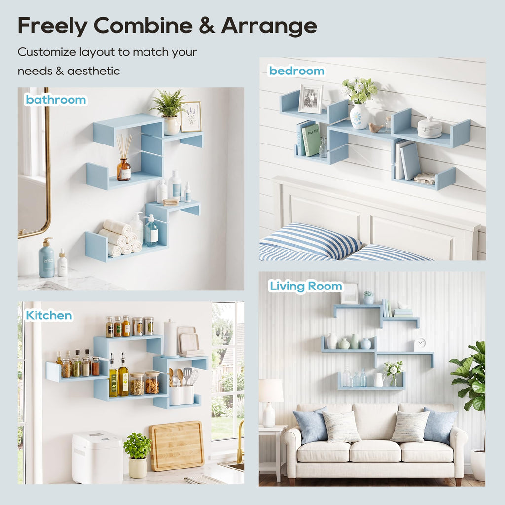 Blue Floating Shelves, Set of 5 Wood Wall Mounted Display Shelf