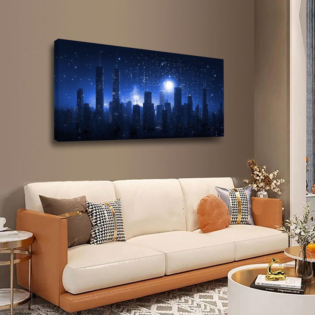 Night Stars City Wall Bedroom Wall Decor Living Room, Night Tall Buildings Canvas Wall Office Farmhouse Paintings
