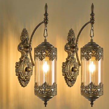 Gothic Wall Sconce 2 Pack, Amber Glass Rustic Gold Wall Lamp Lantern Retro Wall Mount Lighting with Amber Glass
