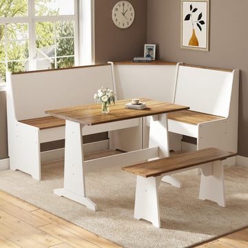 3-Piece Corner Dining Set with Hidden Storage, White & Barnwood