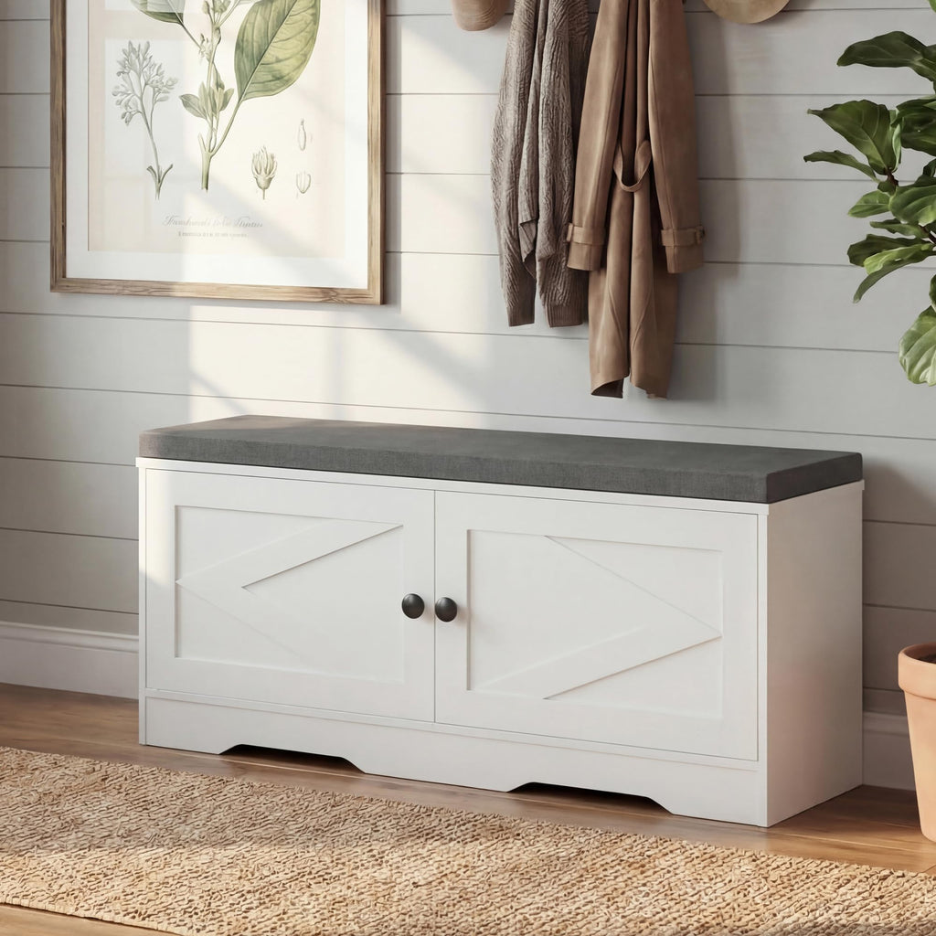 Shoe Storage Bench, 2 Tier Entryway Bench with Padded Seat Cushion, 2 Barn Doors, Adjustable Shelves, 39.37" Shoe